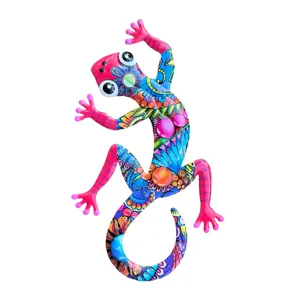 Colorful metal gecko wall decor, vibrant painted lizard hanging for garden and home art.