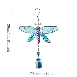 Metal dragonfly glass wind chime hanging ornament with blue bell and size details.
