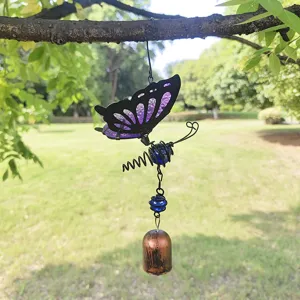 Hanging 3d butterfly wind chime with purple cracked glass, iron art frame and copper bell.