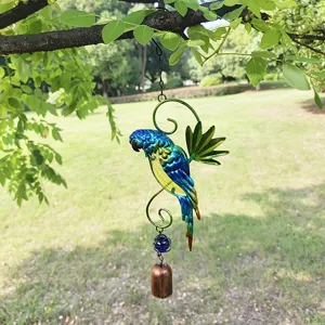 Iron parrot wind chime pendant, outdoor garden hanging decoration, vibrant bird metal craft detail view.