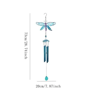 Metal dragonfly wind chime with colorful glass wings, home garden hanging decor 73cm
