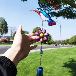 Metal hummingbird wind chime colorful glass hanging ornament garden decor for outdoor yard