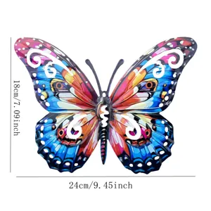 Colorful metal butterfly wall art detail, handcrafted iron hanging decor, vivid home accent.