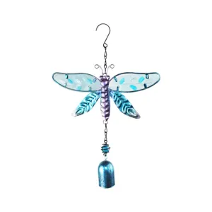 Detailed view of the metal and glass dragonfly wind chime, showing exquisite blue painted wings.
