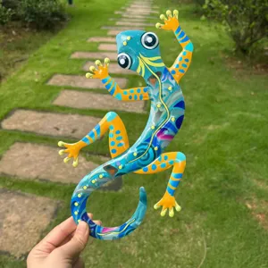 Outdoor metal gecko wall art detail, colorful painted metal lizard decoration for garden.