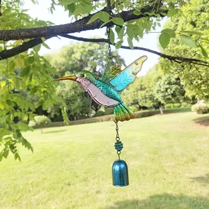 Metal glass hummingbird wind chime hanging ornament for garden yard decor closeup view