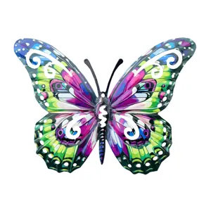 Colorful metal butterfly wall hanging sculpture, vibrant iron art home decor for indoor and outdoor.