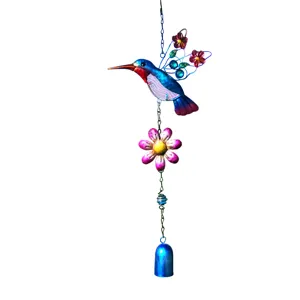 Metal Hummingbird Wind Chime Hanging Pendant with Colorful Flowers and Bell Decor Detail