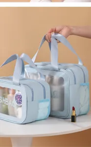 Bolsa de maquillaje transparente portátil con doble cremallera y bolsillo lateral de malla.