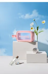 Clear PVC pink wash bag travel cosmetic bag with handle and transparent window design detail shot.