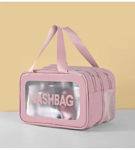 Rosa PVC wasserdichte doppelschichtige Kosmetiktasche mit Sichtfenster und Tragegriff.