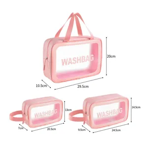 Clear PVC 3-piece pink waterproof travel cosmetic organizer wash bag set for women.