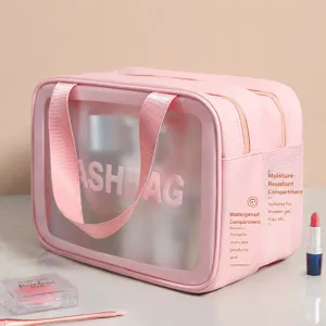 Bolso cosmético impermeable de doble capa rosa para viajes y almacenamiento diario.