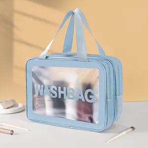 Clear PVC waterproof double layer travel cosmetic wash bag in light blue color main view.