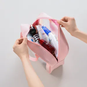 Pink transparent PVC cosmetic bag for travel waterproof toiletry storage bag with zipper closure
