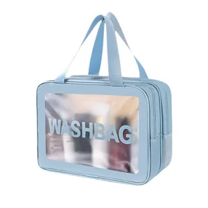 Large capacity waterproof PVC cosmetic bag double layer travel wash bag in light blue