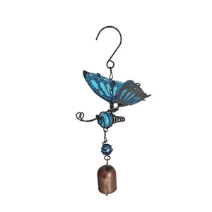 Metal blue glass butterfly wind chime hanging ornament with bell for home garden decoration.