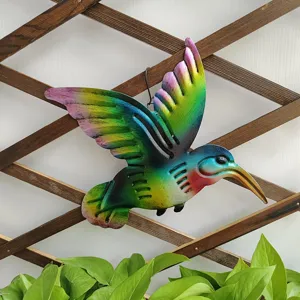 Colorful metal hummingbird wall hanging detail, vibrant gradient finish, outdoor garden decor.