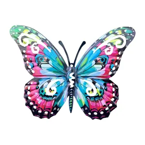 Colorful metal butterfly wall art decor, vibrant iron hanging ornament for home interior design.