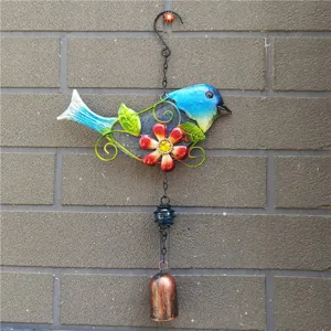 Campanello a vento uccello in metallo e vetro, bellissima decorazione da giardino dettaglio.