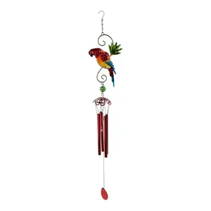 Detailed close-up view of the colorful iron parrot wind chime hanging decor featuring metal tubes.