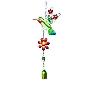Metal glass hummingbird wind chime hanging decor, vibrant floral garden ornament detail.