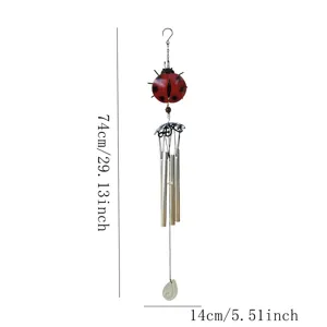 Metal ladybug wind chime detail view showing overall hanging design and size dimensions.