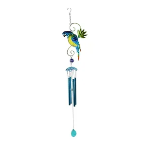 Metal parrot wind chime hanging decor with blue tubes for garden and home decoration