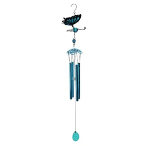 3d butterfly metal wind chime hanging ornament with blue tubes for home garden decor