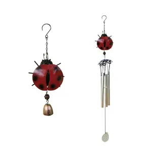 Metal ladybug wind chime hanging decoration with bell, perfect for garden and home decor.