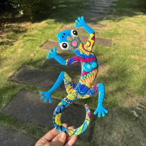 Colorful metal gecko wall art, vibrant lizard hanging decor for garden and outdoor fence.