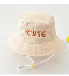 Kids cute embroidered bucket hat summer sun protection cap with chin strap for boys and girls