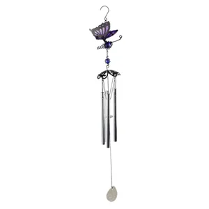 Metal butterfly wind chime with purple glass wings and hanging tubes for garden decor detail.