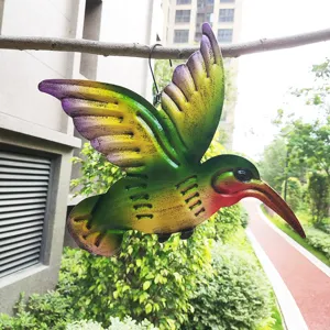 Metal hummingbird wall hanging, colorful iron bird sculpture for garden outdoor home decor.