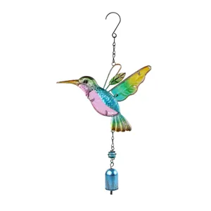 Colorful metal hummingbird wind chime glass painted hanging pendant home garden decor art.