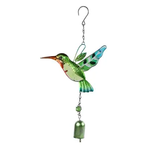 Detailed shot of hanging metal hummingbird wind chime with painted glass wings and bell.