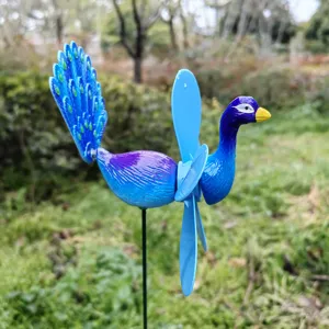 Girandola a vento pavone paletto da giardino decoro esterno vista dettagliata blu.