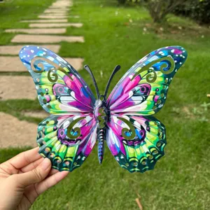 Colorful metal butterfly wall art decor for indoor outdoor garden, vibrant iron hanging piece.