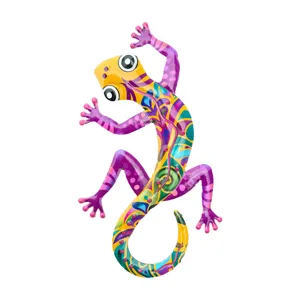 Colorful metal gecko wall hanging, vibrant painted lizard decor for indoor and outdoor.