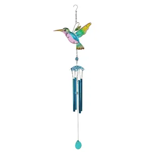 Colorful metal hummingbird wind chime hanging garden decor with blue aluminum sound tubes.