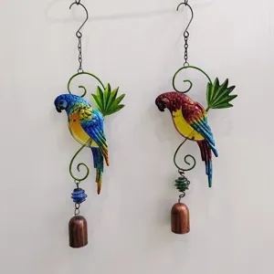 Handmade iron parrot wind chime hanging decor colorful metal glass garden home ornament