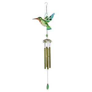 Metal hummingbird wind chime with stained glass and metal tubes, elegant hanging decor.
