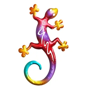 Colorful metal gecko wall art, vibrant lizard sculpture for home and garden decoration.