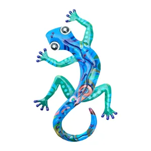 Colorful metal lizard wall hanging, vibrant blue and green iron gecko wall decor for home.