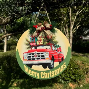 Wooden Christmas hanging sign with red truck pattern, festive holiday door wall decor.