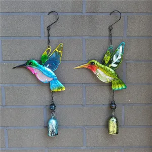 Handmade metal and glass hummingbird wind chimes, beautiful hanging decor for home garden.