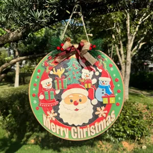 Wooden round Christmas hanging sign with bow and pine cones for holiday home door decor.