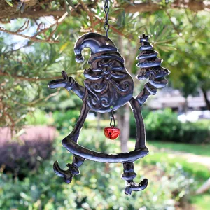Metal Santa Claus hanging ornament with red jingle bell for Christmas holiday decor indoor outdoor