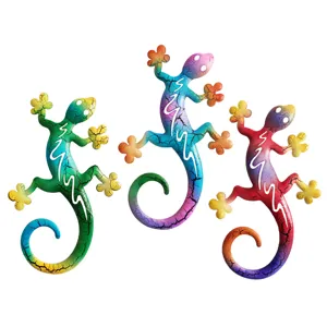 Colorful metal gecko wall art set, 3 pieces iron lizard hanging decor for home garden yard.