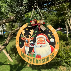 Detailed view of wooden Christmas hanging sign with Santa graphic and festive plaid bow decor.